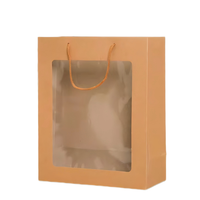 Kantung kertas dasar datar Kraft baru, kantong berdiri dengan tampilan jendela Bening, stok tersedia, tas hadiah makanan ringan, langsung dari pabrik