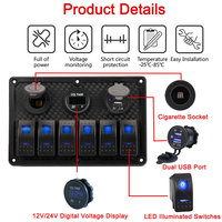 Panneau de commutateur à bascule pour voiture marine en plastique 12v 6 gang avec prise d'alimentation et voltmètre et prise USB