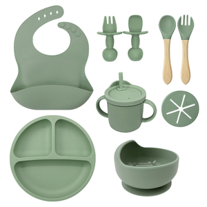 Non Slip Suction Baby Silicone Dinner Set 9 Piece Bowl Cup <b>Bib</b> Spoon Toddler Feeding Safe BPA Free - Product Image 2