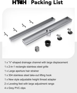 Gurberry.com Siphon de sol 24 pouces en nickel brossé, acier inoxydable 304, grille rectangulaire à insérer dans les carreaux, <span class=keywords><strong>pieds</strong></span> réglables, filtre à cheveux - Product Image 6