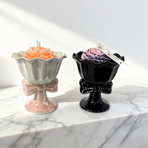 Bougie parfumée en céramique de style bouquet, décoration créative pour la maison, rose et noir, avec nœud - Product Image 1