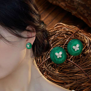 Green Chalcedony Stud Earrings With Zircon Butterfly Design S925 Silver Needle 14k Gold Ear <b>Post</b> <b>Round</b> Geometric Shape - Product Image 4