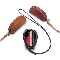 Dompet Koin Mini Kulit Sapi Asli Tanned Nabati dengan Tali Leher, Dompet Koin Kulit Vintage Wanita, Tempat Kunci