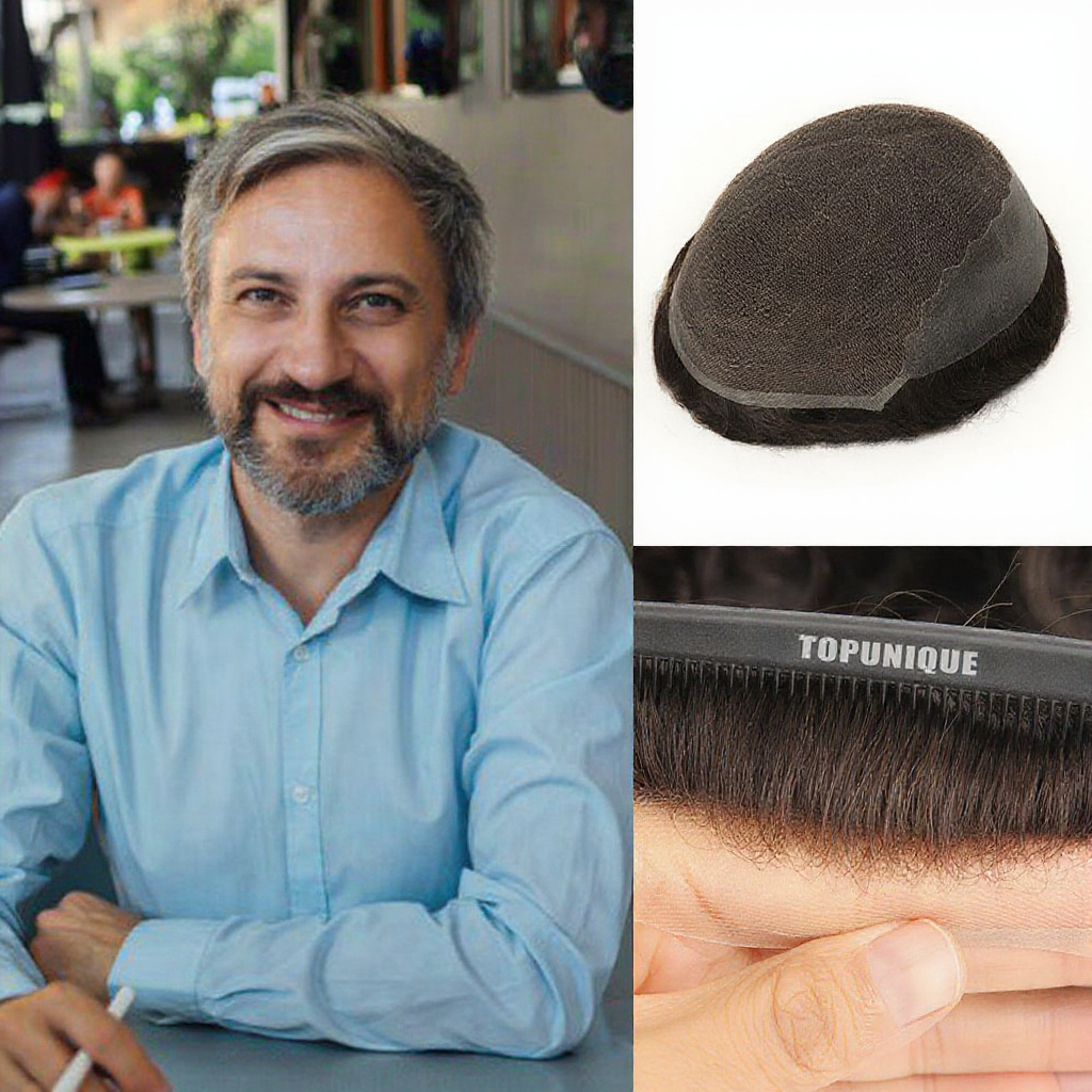 TOPUNIQUE TUL01 Medium Density Toupee Natural Color Realistic Hairline Hybrid Base Lace Skin Good Breathability Indian Hair PU