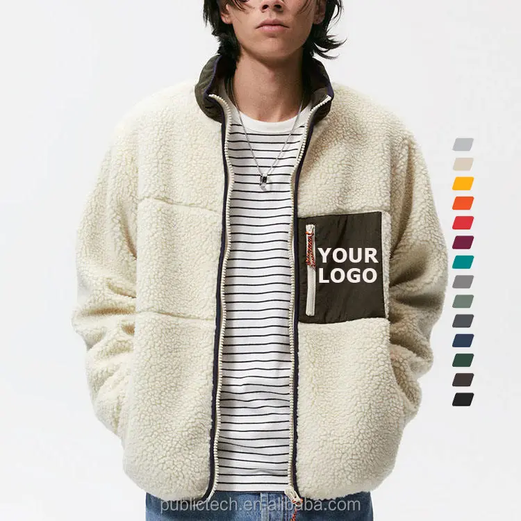 Wholesale Winter Warm Shaggy Wool Lamb Custom Logo Mens Sherpa Zip Up Fleece Jacket