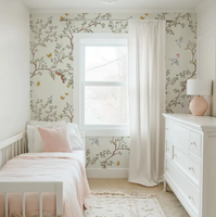 Papier peint mural botanique doux, scène de forêt bleue pastel avec oiseaux, fleurs et grue, pour chambre d'enfant, amovible