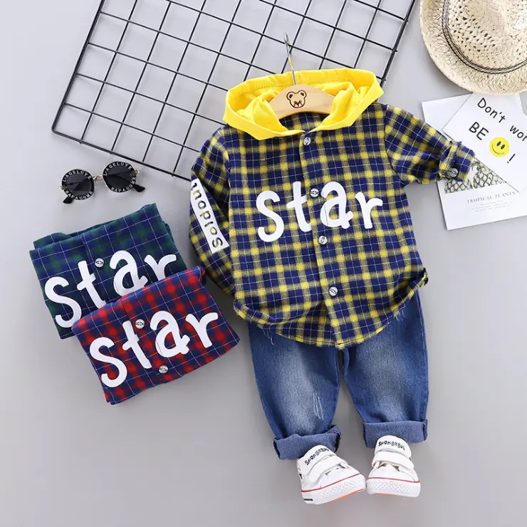 wholesale cotton shirt design kids hoodie jeans plaid baby boys' hoodies letter print kids hoodies set with hat and jeans