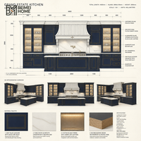 Meubles de cuisine en U de style manoir, bleu marine, avec incrustations en laiton, vitrine supérieure en albâtre, plafond à caissons, menuiserie sur mesure