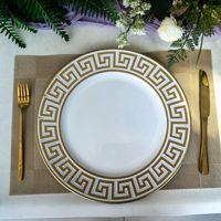 Assiette de présentation en plastique, motif clé grecque dorée, blanche, ronde, décorative, pour la mise en table de mariage et de fête