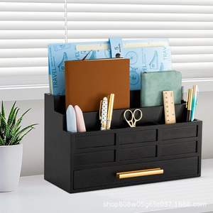 Black Wooden Desktop <b>Organizer</b> With <b>Drawer</b> 6 Compartments Geometric Pattern Storage Box For Office Student Use - Product Image 3