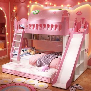 Letto a Castello Multifunzionale in Legno Massello per Bambini con Scivolo e Armadio, Stile Castello delle Principesse - Product Image 2