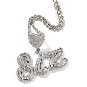 Heart Hook Brush Font Iced Out Baguette CZ Personalized Name Plate Pendant Necklace Custom Jewelry Letter Full Zircon Necklaces