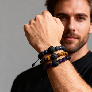 Винтажные регулируемые плетеные браслеты из тигрового глаза и вулканического камня 8 мм для мужчин — духовное украшение, подарок - Product Image 1