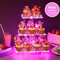 Support à cupcakes carré à 3 niveaux en acrylique transparent moderne et écologique avec guirlande lumineuse LED rose pour mariages et anniversaires