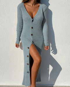 High Quality Autumn Winter Women's Loose Fit Long Sleeve Cardigan <strong>Dress</strong> Sexy V Neck Button Knitted Sweater <strong>Dress</strong> - Product Image 5