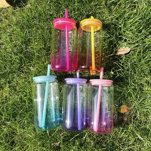 PET 16oz wiederverwendbare gradiente gelee farbe kunststoffbecher soda saft glasdose geformt kind wasserflasche mit farbe strohhalm für uv-verpackungen