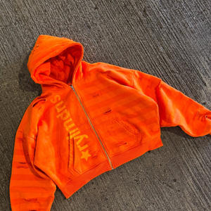 Vintage Distressed Hip Hop Orange Baggy Drop Shoulder Full Zip up Terry 100% Cotton Side <span class=keywords><strong>Kangaroo</strong></span> Pocket Oversized Hoodie Men - Product Image 1