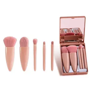 Kuas makeup mini lembut, 5 buah set Lipstik foundation merah muda eyeshadow portabel kuas label pribadi kotak dengan cermin