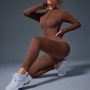 Popolare <span class=keywords><strong>tuta</strong></span> sportiva a filettoni spessi per donna con cerniera per il pollice fori aderenti a maniche lunghe con colletto rialzato Yoga - Product Image 3