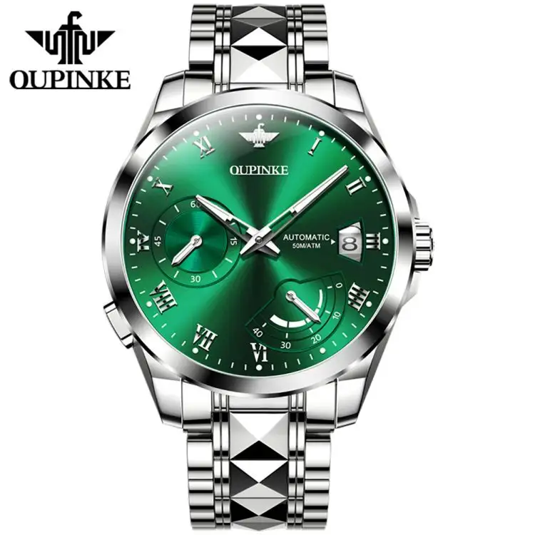 OUPINKE 3198 최고 브랜드 자동 기계식 운동 남성 시계 방수 텅스텐 스틸 스트랩 패션 간단한 남성 시계