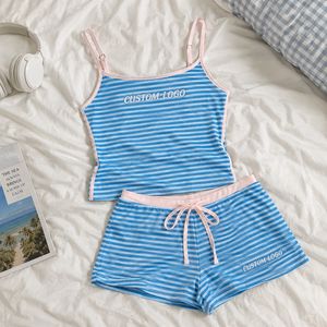 Custom Women's Striped Summer Set Spaghetti Strap <b>Cami</b> <b>Crop</b> <b>Top</b> Drawstring Waist Shorts Summer Outfit - Product Image 3