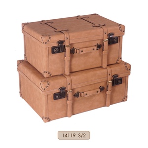 Decorative Suitcase Trunk Vintage Studded Leather <strong>Storage</strong> <strong>Boxes</strong> with Bronze Latches and <strong>Brown</strong> Handles Multi Colored - Product Image 1