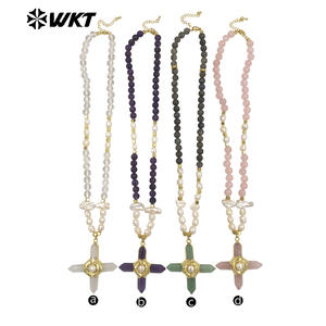 Collar WT-JN375 de Alta Calidad para Mujer, Hermoso, Chapado en Oro, con Cuentas de Amatista Natural y Perlas, con Colgante de Cruz de Piedra - Product Image 2