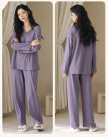 Ensemble de pyjama pour femmes en coton 100% fabriqué en Chine, col en V, manches longues, pantalon, vêtements de nuit, taille élastique, confortable pour dormir