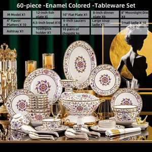 Juego de Vajilla Ecológico de 60 Piezas con Estampado Clásico de Plantas y Flores en Colores Rosa, Verde, Azul y Rojo, Colección de Porcelana y Cerámica Duradera - Product Image 6