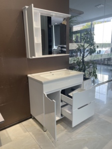 Simple white <b>freestanding</b> <b>bathroom</b> vanity with integrated sink and soft closing storage drawers - Product Image 4