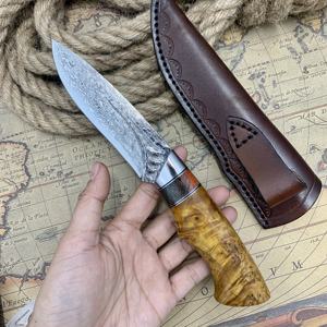 سكين صغير مستقيم من الفولاذ الدمشقي الشمال للبقاء على قيد الحياة في التخييم في الهواء الطلق دفاع ذاتي مزورة خشب حاد متين - Product Image 6