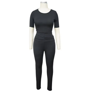 Custom LOGO Lounge Wear Women Clothing 2025 Solid <strong>Knitted</strong> Ribbed Two Piece <strong>Set</strong> Women Short Sleeves Skinny Pant <strong>Set</strong> - Product Image 6