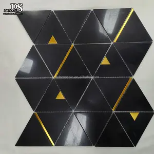 Polished Black Triangle Metal Brass Natural Stone Marble Mosaic Tile Waterjet Cutting for Interior Hotel Mall Wall Art