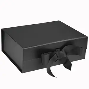 Foldable Magnetic Gift Box Customized Hot Foil Stamping Black Paper Gift Box with Ribbon Closure
