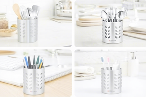 Stainless Steel Cylindrical Utensil Holder <b>Set</b> with Leaf Pattern for Kitchen Storage and Organization - Product Image 3