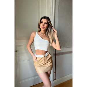 Classic Tan Floral Print Mini <b>Skirt</b> <b>Summer</b> Casual Straight Style Genuine Leather Spandex XS Size Empire Waistline Club Apparels - Product Image 3