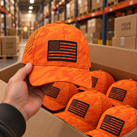 Casquette de performance à 6 panneaux, coupe laser personnalisée, motif camouflage orange, à visière incurvée, séchage rapide, respirante, avec patch en caoutchouc et fermeture strapback, vente en gros