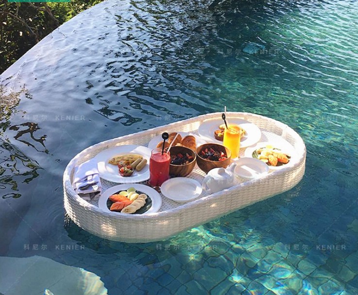Swimming pool floating breakfast tray water basket rattan party serving tray