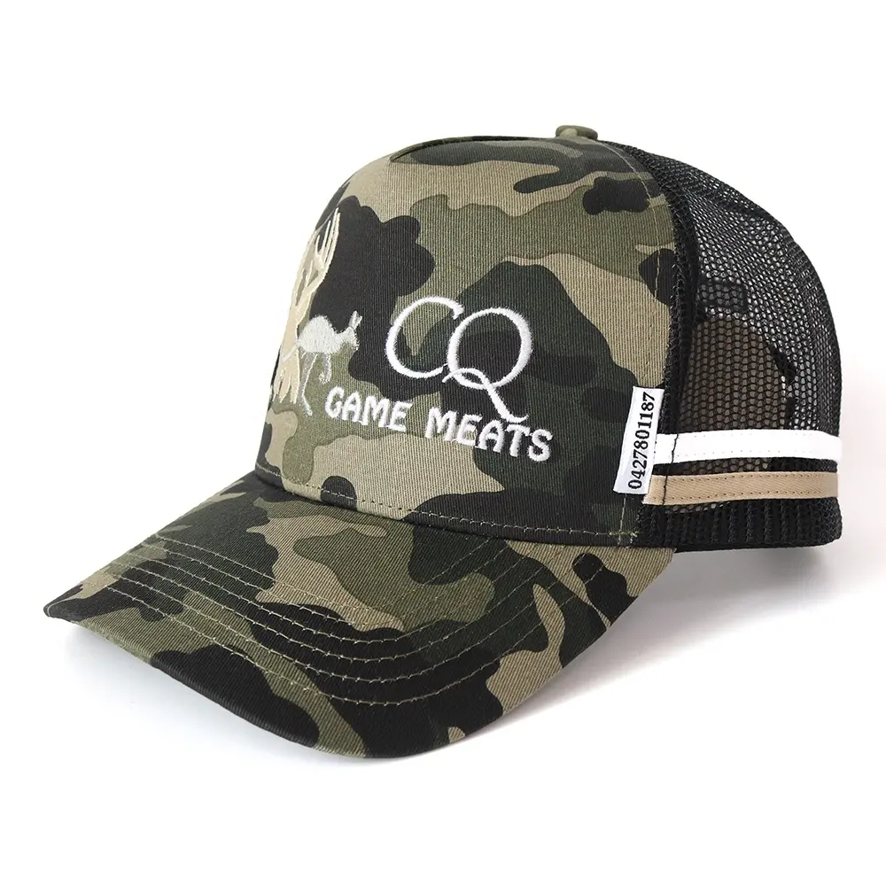 Hot Selling Camo Long Brim A Frame Style 5 Panel Embroidery Logo Mesh Gorras With Embroidery Logo Plastic Snap Trucker Hat