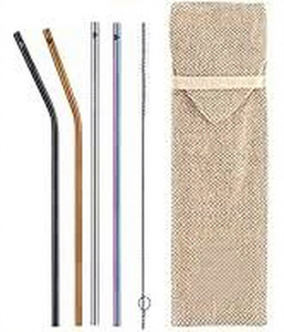 Reusable Metal <b>Drinking</b> <b>Straws</b> Set with Cleaning Brush and Mesh Pouch 5-Pack Minimalist Travel Design - Product Image 1