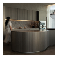 Meuble de cuisine moderne avec panneau cannelé incurvé, comptoir en marbre et rangement en bois laqué pour villa