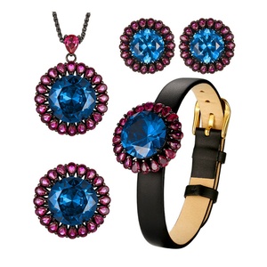Premium Style Eco-friendly Copper Gold Plated 16-10MM Blue Zircon Pendant <b>Earrings</b> Ring Fine Jewelry Sets 4 Pice for Women - Product Image 1