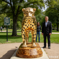 Sculpture géante en fibre de verre Léopard Doré - Statue artistique électroplaquée sur mesure - Sculpture animale grand format pour intérieur/extérieur - Imprimée en 3D