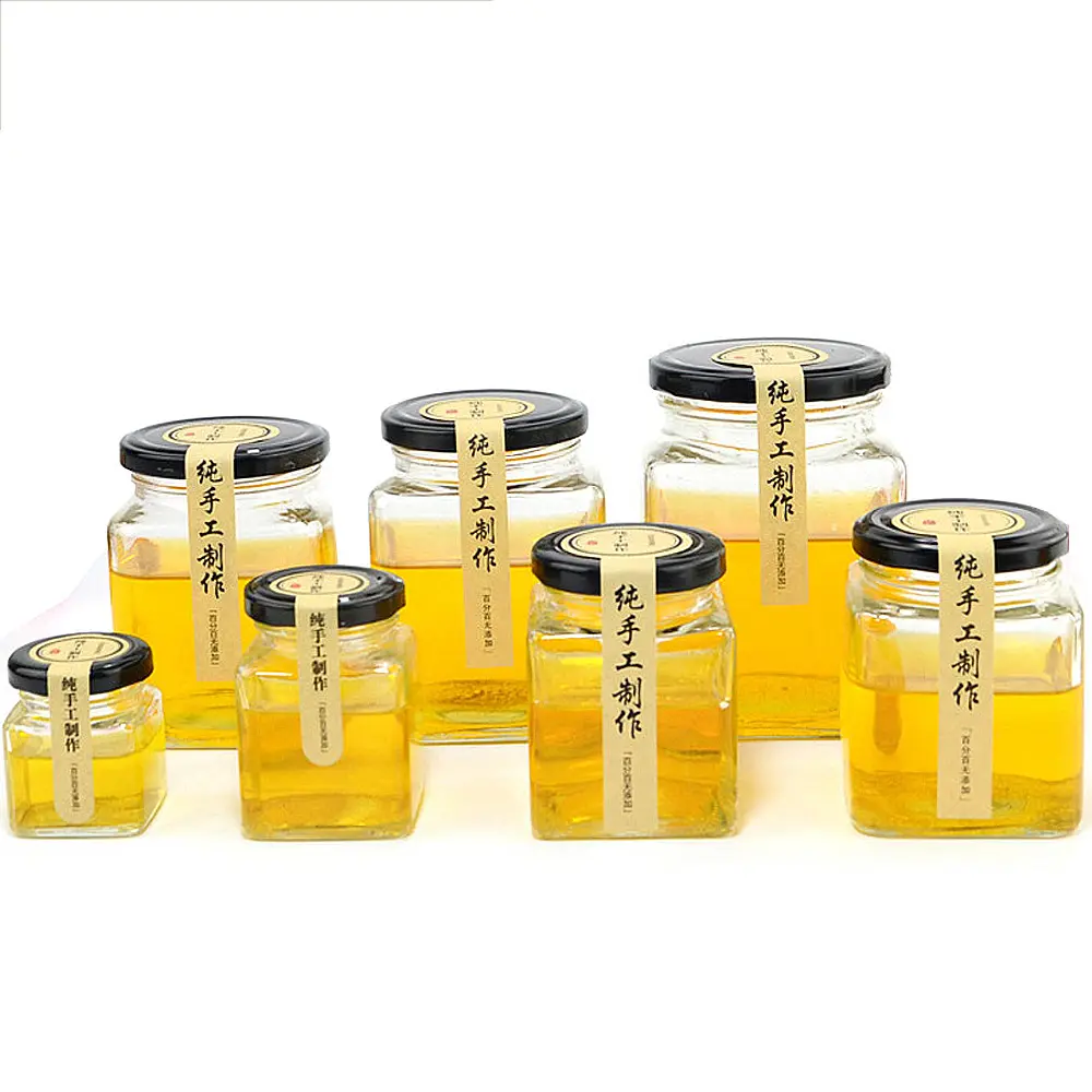 Classic Clear Vierkante Glas Honing Pot Glazen Fles Met Zwarte Metalen Deksel Voor Honing Pickles Blik Jam