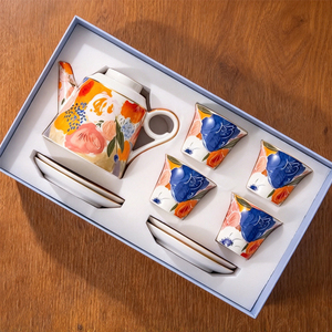 Ceramic Tea Set - Watercolor <b>Floral</b> <b>Teapot</b> with 4 Cups and Saucers - Product Image 1