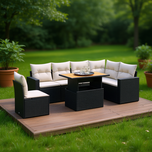 ชุดโซฟาหวายสีดำสำหรับสวน พร้อมเบาะโฟมความหนาแน่นสูง เฟอร์นิเจอร์กลางแจ้ง ดีไซน์ร่วมสมัย กันน้ำ ทนรังสียูวี ผลิตจากพลาสติก PE - Product Image 2
