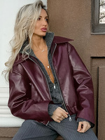 Nouvelle Veste en Cuir Angora Rouge Élégante pour Femme, Style Motard, Motif Uni, Fermeture Éclair Avant, Collection Automne Hiver 2025