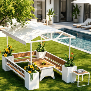Ensemble table et chaises en plastique imitation bois pour extérieur, idéal pour jardin, <span class=keywords><strong>terrasse</strong></span>, avec pots de fleurs et caractéristiques imperméables - Product Image 1