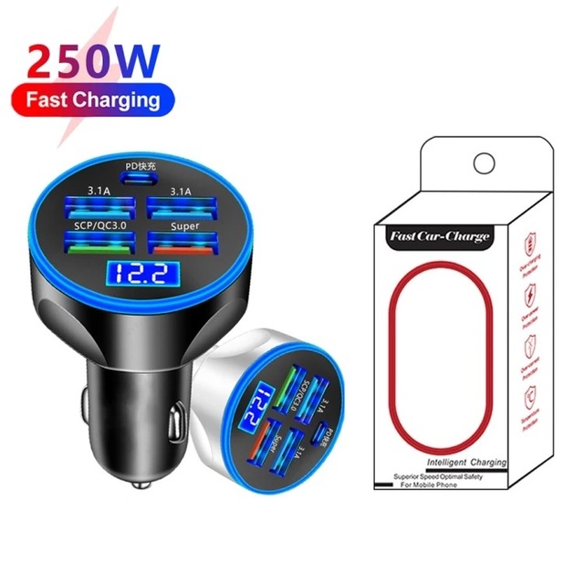 5-in-1 5 Port USB C Car Charger LED Digital Display PD QC3.0 Fast Charging Adapter Earphone Fireproof Protection 12 Months