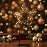 Lampe de table LED en forme d'étoile avec base en métal détachable, cadre en fil de fer noir, guirlande lumineuse en fil de cuivre blanc chaud pour Noël